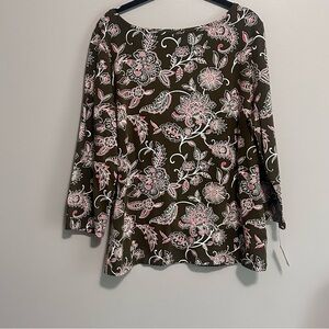 Talbots Tee Brown Scoop Floral Paisley Print Long Sleeve XL Cotton Stretch New